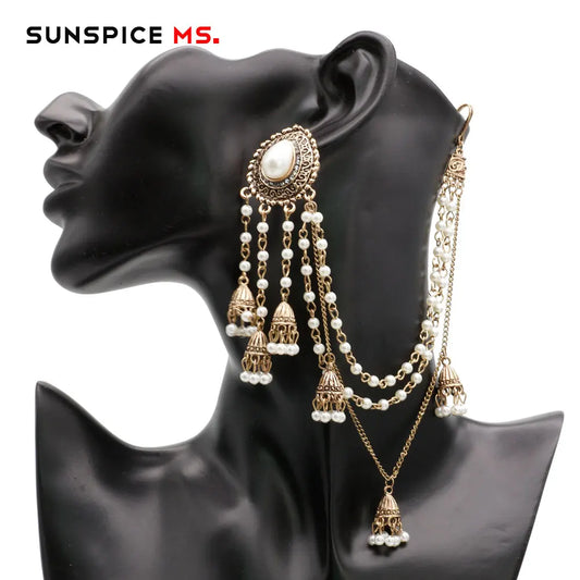 One-piece Pearl Bead Chain With Metal Pendant Antique Gold Hanging earring